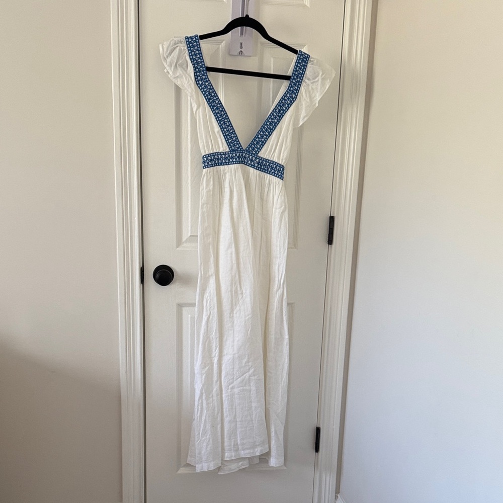 J. Crew White Maxi Dress with Blue Trim